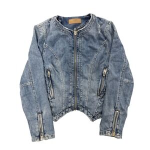 BLANKNYC Womens Denim Jacket Moto Style Distressed Zip Front Size Medium